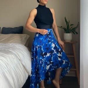 Theia Navy Blue Silk Mock Neck Floral High Low Dress